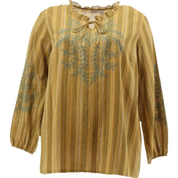 NWT LOGO BY LORI GOLDSTEIN STRIPED WOVEN EMBROIDERED BLOUSE VINTAGE GOLD MEDIUM - Picture 1 of 14